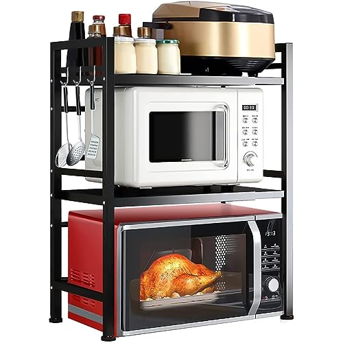 Shally Dogan Mensola Salvaspazio Estensibile Porta Microonde in Acciaio, Scaffale Cucina doppio con 2 ripiani Portaspezie, Mobile Organizer con Ganci e Piedini Antiscivolo, Design Moderno (Nero)