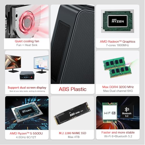 Image of Beelink Mini PC, SER5 AMD Ryzen 5 5500U(7nm, 6C /12T) up to 4.0GHz, Mini Gaming Computer 16GB DDR4 RAM 500GB NVME SSD, Micro PC 4K@60Hz Dual Display, Mini Computer WiFi6 /BT5.2 /HTPC /W-11 Pro