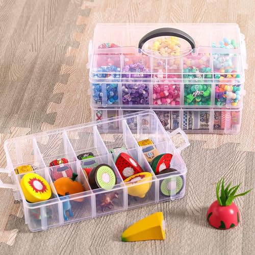 Image of RECLUSE Transparent 3-layer Stackable Craft Storage Containers, Plastic Craft Box Organizer With 30 Adjustable Compartments &Handles, Portable Beads Organizers for Arts Crafts, Toy,Jewellery,tools