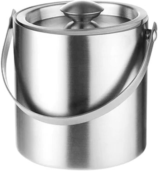 Stainless Steel Double Walled Ice Bucket Beverage Tub Cooler Comfortable Carry Handle for KTV Bar Whiskey Beer Tools(Silver-2L)