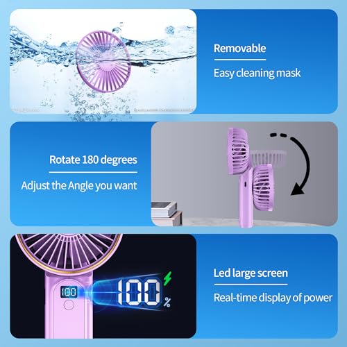 Portable Hand Fan, Mini Rechargeable Small Fan, 4000mAh Long-Lasting Battery Fan, 180° Foldable Table Fan, 6-Speed Quiet Fan with LCD Display, Lanyard Neck Fan for Travel, Makeup, Office (Lightpurple) 4 51etbX5TduL