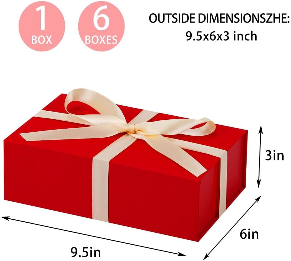 UoeRing 6 Pack Red Gift Box 9.5x6x3 inch Small Luxury Gift Box for Presents with Magnetic Lid Collapsible,Valentine's Day,Christmas,Contains Card, Ribbon, Tissue Paper,Shredded Paper Fille 9.5x6x3 Inch-Red-Pack of 6