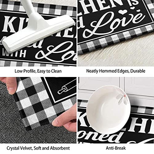 Ideasonna Buffalo Plaid Check Kitchen Rug Black And White Farmhouse Kitchen Rugs Sets Of 2 Washable Non-Slip Kitchen Mats For Floor 2 Piece Buffalo Plaid Kitchen Decor #TOP6
