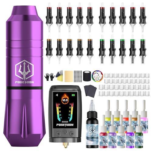 POSEIDON Cordless Tattoo Gun Kit for Beginners Tattoo Pen Kit with 2300mAh Battery 20 Needles Inks & Practice Skin Complete Tattoo Machine kit Tattoo Supplies
