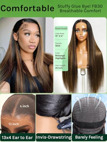 Image of KLAIYI Pre Everything Yaki Straight Glueless Ombre Highlight Balayage Brown 13x4 Lace Front Wigs Human Hair Drawstring Pre Plucked Bleached Knots 30S Ready to Wear and Go Wig Beginner Friendly 16Inch