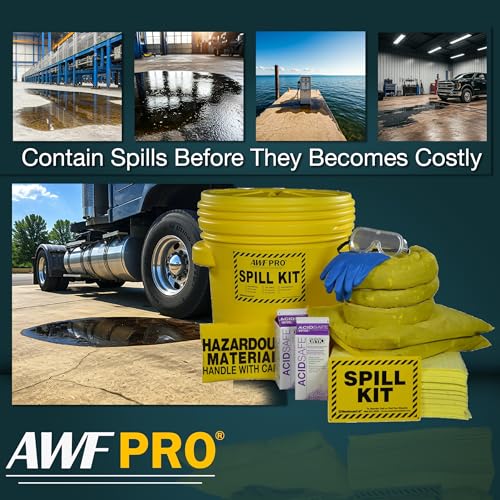 Image of AWF PRO 20 Gallon Battery Acid Spill Kit, 59 Pieces | Includes DOT Approved 20 Gallon Drum, Sorbent Socks, Pads, & Pillows, & Accessories