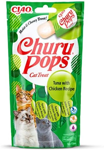 Ciao Churu Pops by INABA Cat Treat - Tuna & Chicken Flavour 12 Pack (48 x 15g total) / Moist & Chewy Cat Treat, Delicious & Healthy Snack for Cats, Hand Feeding, Natural, Grain Free, High Moisture