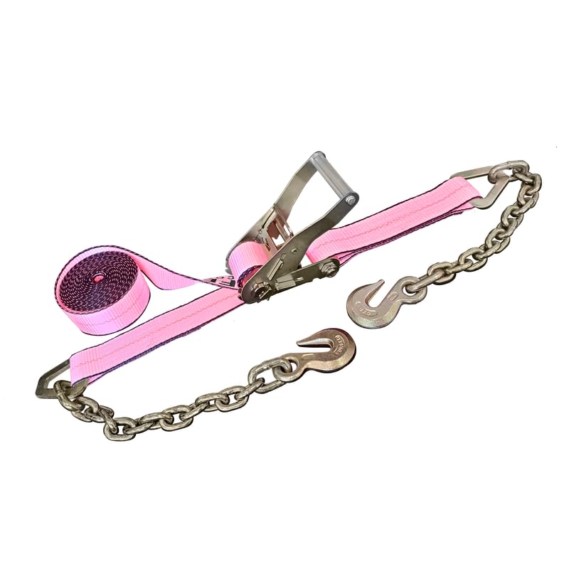 Mega Cargo Control 1 Pack Heavy Duty Ratchet Straps with Chain Anchor, 2" x 30' Pink Tie Downs for Flatbed, Truck, Trailers, Pickup - 3,333 Lbs WLL