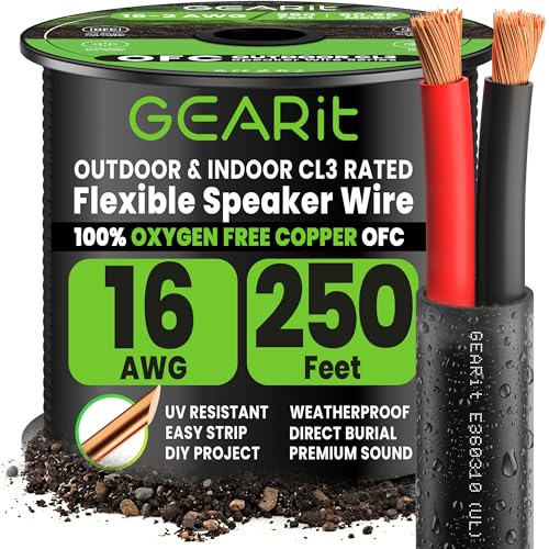 GEARit 16 Gauge Outdoor Speaker Wire 250ft CL3 Rated Black Conduct2‑Conductors)
