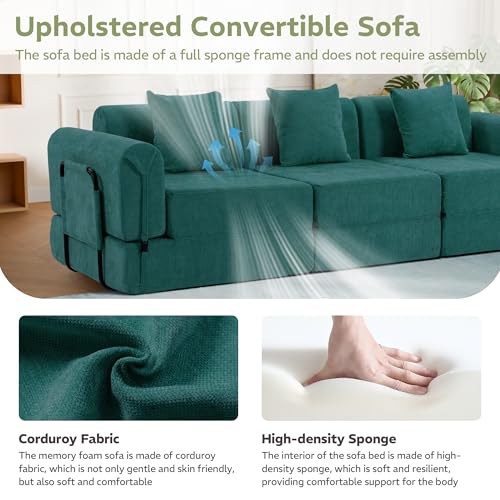 Image of 100 inch Convertible Sofa Bed, 5-in-1 Modular Sectional Cloud Couch with Fixed-Shape Frame & Storage Pocket, No Assembly Required Boneless Sleeper Sofa for Living Room, Chenille Green