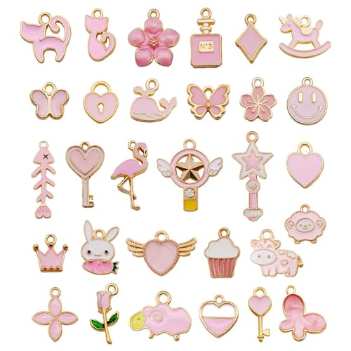 TecoKart Metal Charms For Bracelet Making - Rabbit, Cat, Flower, Heart, Magic Wand, Sheep - Pink Pendants For Jewellery Making - 30 Pcs Diy Kit