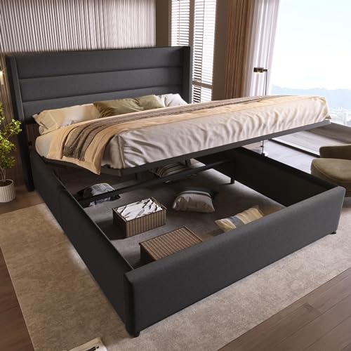 Kayan Stauraumbett Polsterbett Hydraulisch Doppelbett 180x200cm, Lattenrost aus Holz, Bett mit Lattenrost aus Metallrahmen, Leinen (Grau, 180x200cm)