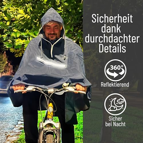 Regenponcho Fahrrad extra wasserdicht und robust - TEST SEHR GUT - Premium Regencape Fahrrad mit Reflektoren, Sichtfenster - Regenbekleidung als Regenponcho Herren und Damen - Regenjacke Dunkelblau L
