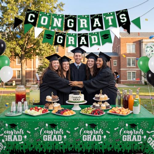 Image of NatNarr 3 Pack Plastic Graduation Tablecloth, Graduation Decorations 2026 Disposable Rectangle Green Black Table Cover, 2026 Gongrats Grad Table Cloths for Graduation Party Decorations, 54x108Inch