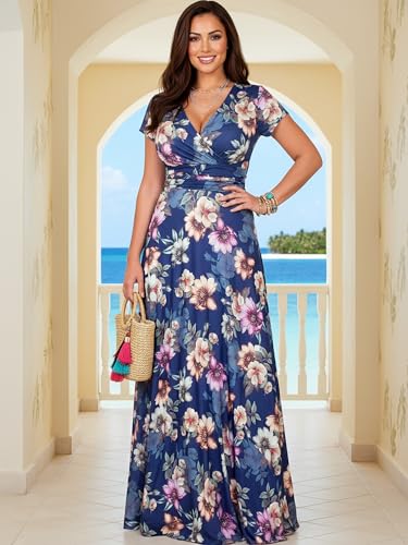 Image of KOH KOH Womens Long Cap Sleeve Floral Print V-Neck Summer Flowy Maxi Dress