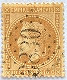  Authentique Timbre de Collection oblitéré de 1870. France No 28 B. Napoléon III lauré 10c Bistre. par des Livres Express.
