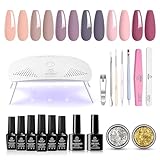 Beetles Gel Nail Polish Kit with U V Light Starter Kit, Gel Polish Soak Off Nude Gray Purple Mauve Light Pink Gel Polish Kit with UV LED Nail Lamp Base Gel Top Coat DIY Home Gift for Her