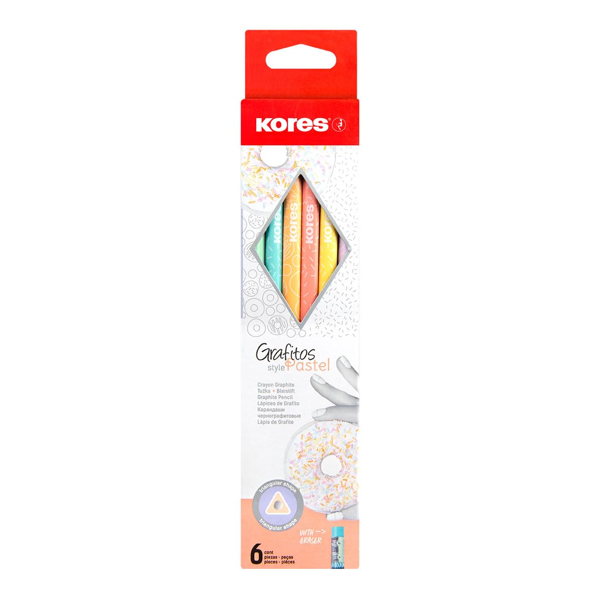 Kores Grafitos Pencils Set - Pastel Coated, HB, Soft, Triangular - Drawing Pencils, Pack of 6 with Rubber