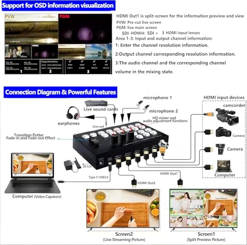 Image of MICROWARE 3G SDI HDMI Video Switcher Multi Camera Live Production Station Support Video Capture Record Live Streaming Audio Mix OSD PIP