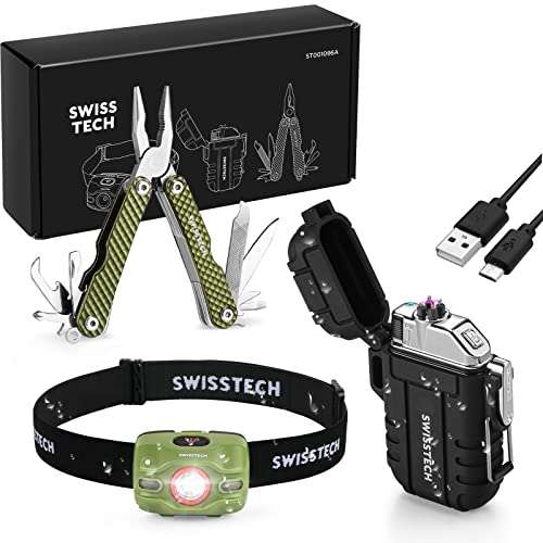 Swiss+Tech Waterproof LED Headlamp & Lighters, 12 in 1 Multitool Plier, Windproof Flameless USB Rechargeable Lighters with Head Lamp Flashlight for Outdoors, Camping, Hiking 3 Pieces Tool Set