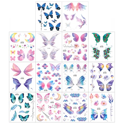 14 Sheets of Glitter Butterfly Temporary Tattoos for Women and Girls 14 Sheets of Glitter Butterfly Temporary Tattoos for Women and Girls