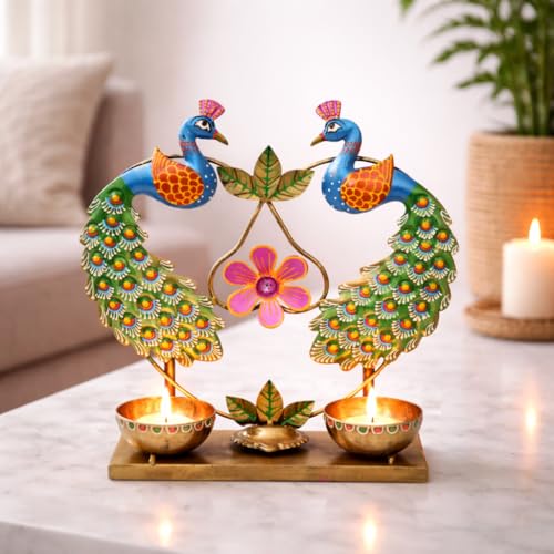Image of CraftVatika Metal Peacock Tealight Candle Holder for Home Decor Living Room, Diya Stand Holders,Gift Item for Home Office Festival Diwali Christmas, House Warming Ceremony, Corporate for Employees