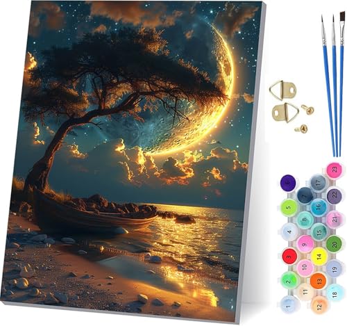 月 数字油絵 DIY Paint by Numbers for Adults 木 手作りキット子供初心者 塗り絵 数字 キット ブラシとアクリル絵の具が入 ペイントバイナンバー 大人のクラフトアクティビテ ホーム オフィス装飾 女性へのギフト 30x40c