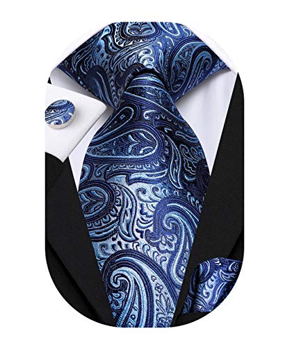 Hi-Tie Mens Paisley Blue Ties Silk Formal Necktie and Pocket Square Cufflinks Set Hi-Tie Mens Paisley Blue Ties Silk Formal Necktie and Pocket Square Cufflinks Set