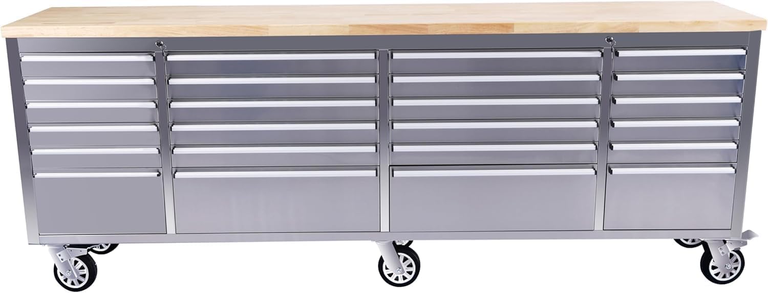 IDEALHOUSE 96 inch Rolling Tool Chest, Garage Workbench with 24 Drawers, Solid Rubber Wood Top &amp; with Wheels Lock Key Locking, Mobile Workstation Tool Cabinet for Workshop Storage