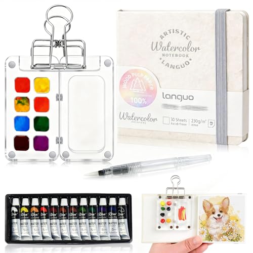 Mini Watercolor Paint Set Portable Travel Paint kit Paint Palette Travel Kit Set with Paint Watercolor Pens Sketchbook Binder Clips Acrylic Paint Box Watercolor Set for Painters Artists Student