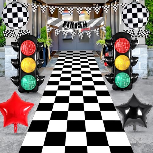 Image of Race Car Birthday Party Decorations with Traffic Light Balloons,Automobile Party Decorations for Kids Include Transportation Light Balloons Checkered Pennant Banner Checkered Balloon
