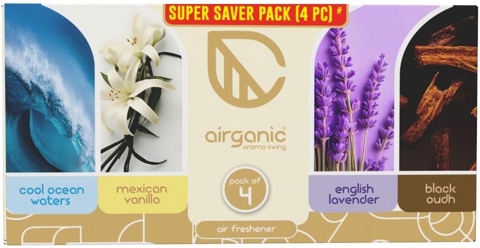 Airganic Aroma Swing - Pack of 4 (40 ml) - Combo: Cool Ocean, Mexican Vanilla, Lavender & Black Oudh Car Perfume | Aroma Essential Oils in Glass Bottle with Wooden Diffuser Lid | Car Accessories 2026