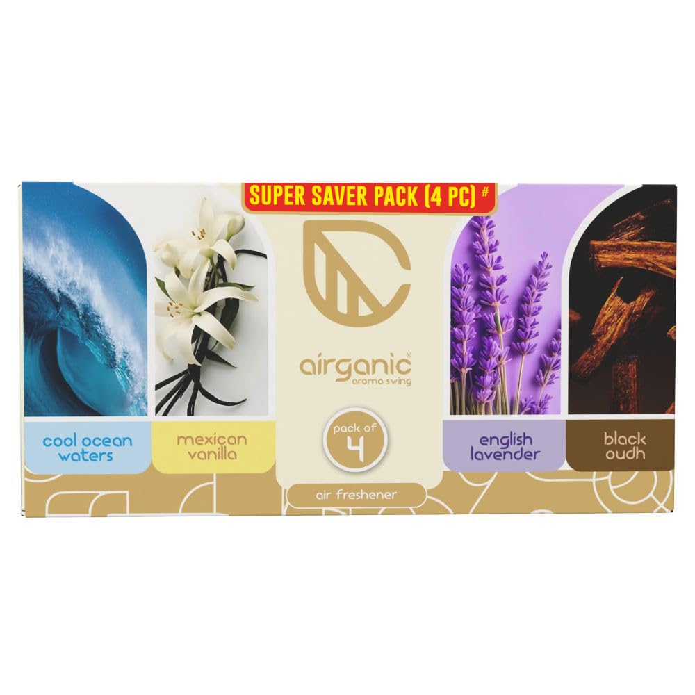 Airganic Aroma Swing - Pack 4 - Combo: Cool Ocean, Mexican Vanilla, Lavender & Black Oudh Car Perfume | Aroma Essential Oils in Glass Bottle with Wooden Diffuser Lid | Car Accessories 2025-image-16