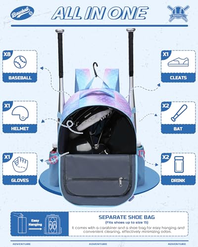 Mochila para equipo de béisbol infantil con almacenamiento ordenado grande 2