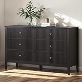 May in Color Black Fluted 6 Drawer Cabinet, Modern TV Console Table, Wood Entryway Table for Storage, Wooden Sideboard Cabinet for Bedroom, Hallway, Living Room