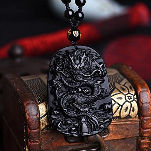 Zhang Natural Obsidian Dragon Pendant Amulet Peace #TOP1