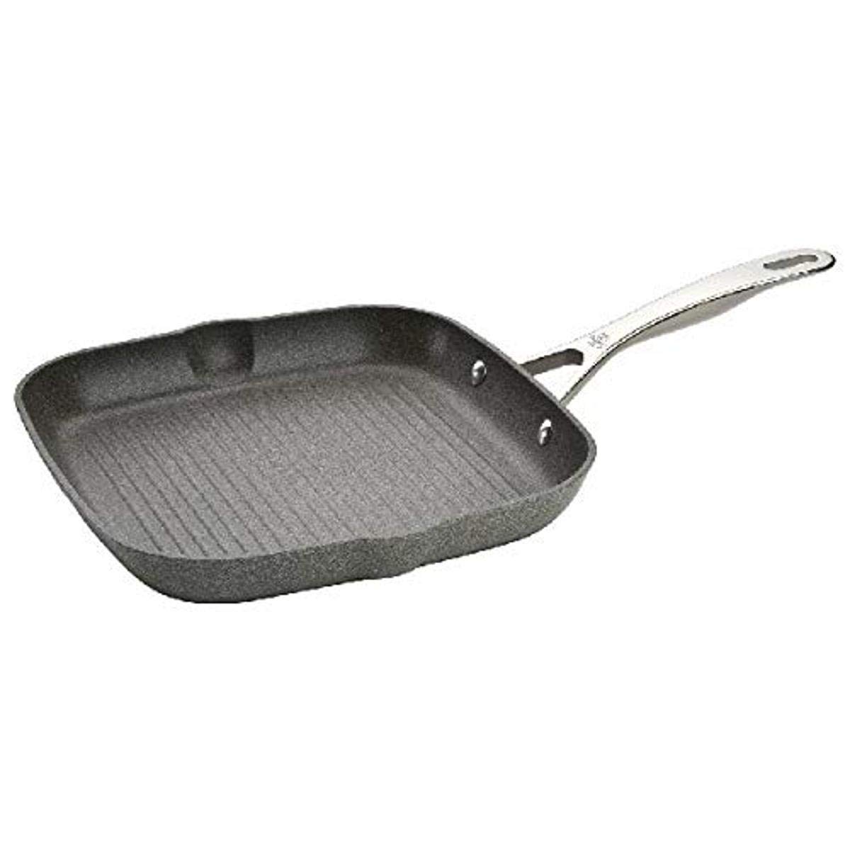 BallariniSalina Granitium Grill Pan, 28 cm, Made in Italy. Aluminum body. Stay cool stainless steel handle. Granitium coating + titanium. Scratch-resistant. For all stovetops. Oven safe. PFOA-Free.