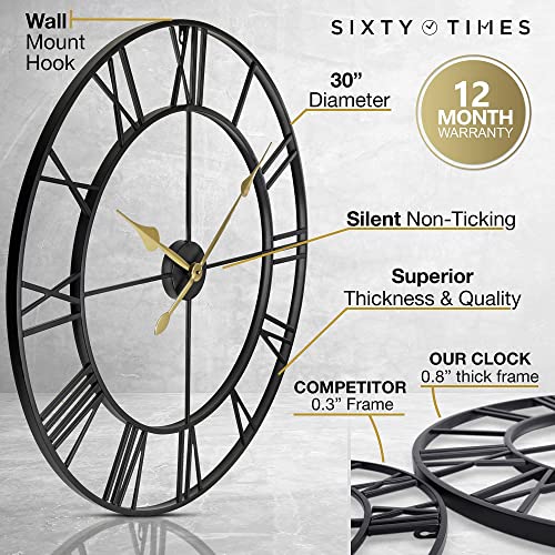 Sixty Times 30 Inch Large Wall Clock, Metal Frame Silent Farmhouse Industrial Vintage (30") #TOP2