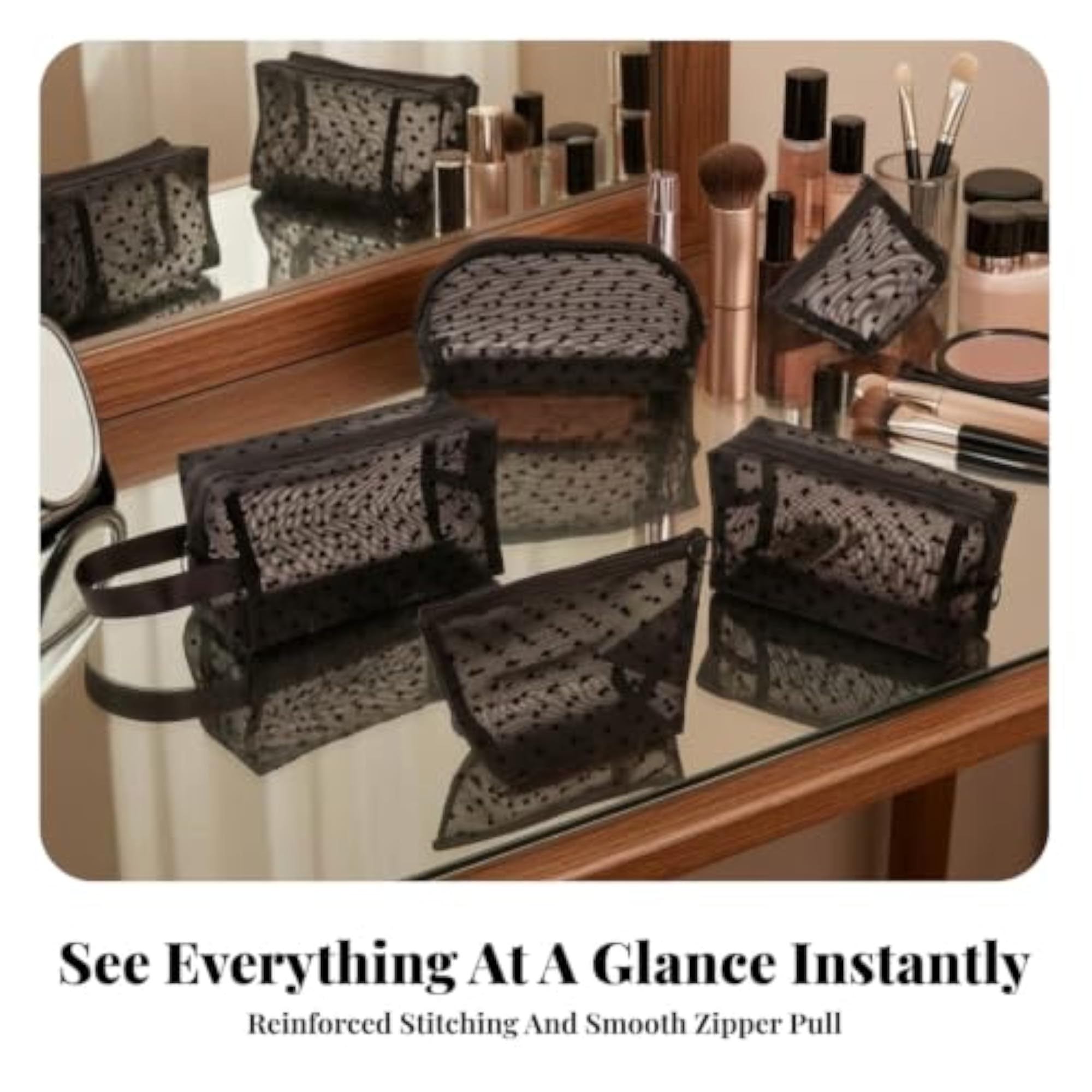 5 Pieces Heart Print Mesh Cosmetic Bag Set, Lightweight Pouches