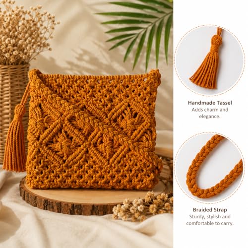Image of Women's Handmade Macrame Crossbody Sling Bag Tote Bags Beautiful & Fancy Ladies Purse For Girls Women's Mobile Pouch Friends Gifts Birthday Marriage Party and Events,1- Piece