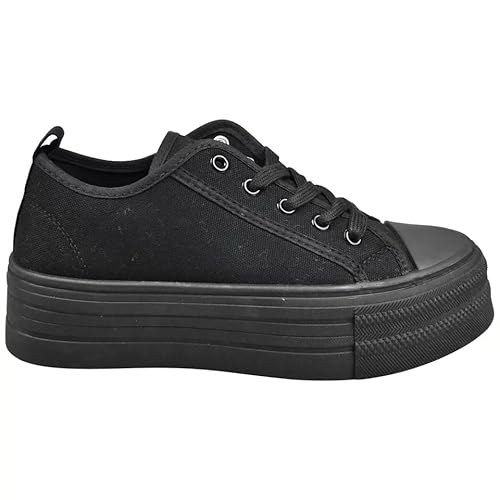 LoudLook Ladies Platform Trainers Canvas Pumps Gym Lace Up Comfy Heel Summer Casual Shoes Sizes Black 5 - Image 2