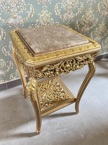 Goldener Quadratischer Beistelltisch im Französischen Barock Rokoko Stil, Handgefertigter Beistelltisch aus Holz mit Kamelfarbener Marmorplatte, Goldener Couchtisch, Teetisch als Wohndekoration – Bild 7