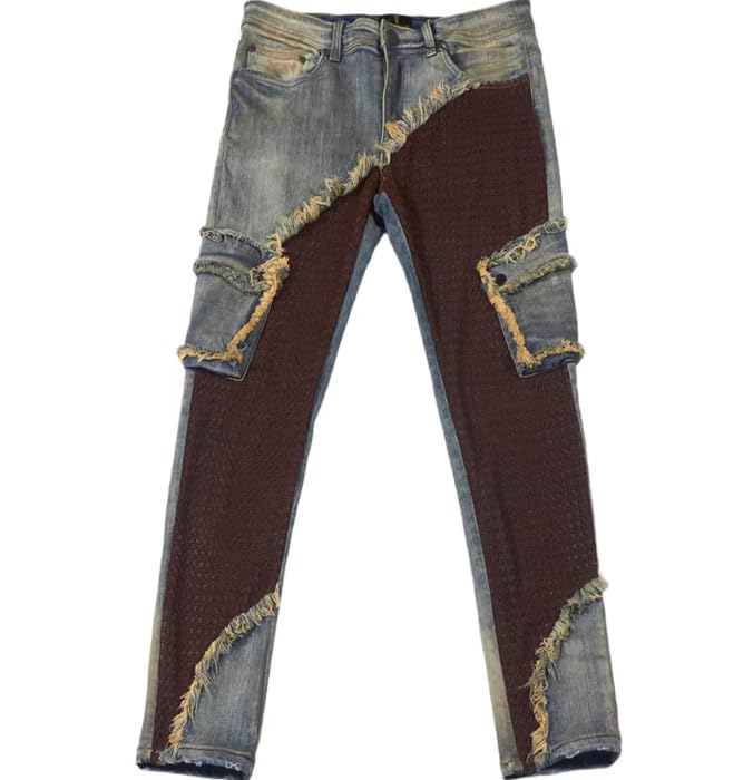 Men's Straight-Leg Mid-Rise Denim Pants with Multiple Pockets and Denim Patchwork - Casual Hip-hop Style Men's Denim Pants