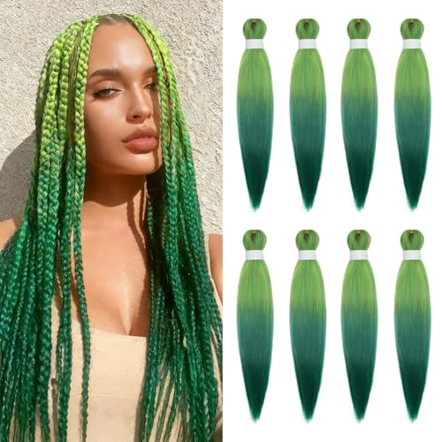 8 Pack Braiding Hair Pre Stretched - 26" 90G/Pack Premium Pre Stretched Braiding Hair Extensions, Professional Itch Free Perm Yaki Texture Prestretched Hair(Light to Dark Green)
