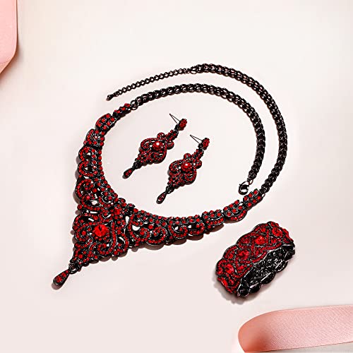 Ever Faith Austrian Crystal Wedding Chandelier Jewelry 1920S Costume Party Vase Necklace Pierced Earrings Stretch Bracelet Set Ruby Color Red Black-Tone #TOP3