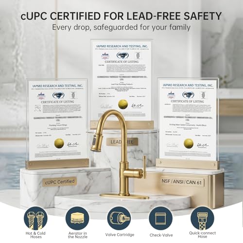 DAYONE Brushed Gold/Brass Pull Down Kitchen Faucet with 3-Mode Sprayer and Soap Dispenser, Single Handle High Arc Faucets for Kitchen Sink with Deck Plate, DAY-APS136-BTG by DAYONE - Image 2