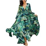 RKSTN Trendy Long Maxi Dress for Beach Long Sleeve Spring Dresses for Women 2025 Green Leaf Print Swing Dress Ball Gown