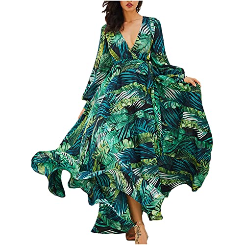 RKSTN Trendy Long Maxi Dress for Beach Long Sleeve Spring Dresses for Women 2025 Green Leaf Print Swing Dress Ball Gown