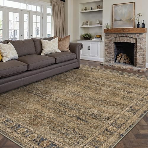 Brown 6×9 Area Rugs Living Room Vintage Distressed Large Rug Non Slip Low Pile Floral Carpet Indoor Office Retro Rug for Bedroom Dining Room