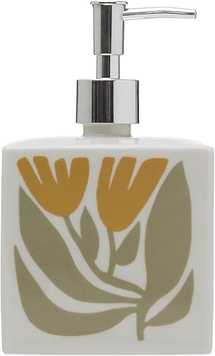 Creative Co-Op Dispensador de jabón de gres estampado a mano floral con bomba, multicolor, 4 pulgadas de largo x 4 pulgadas de ancho x 7 pulgadas de